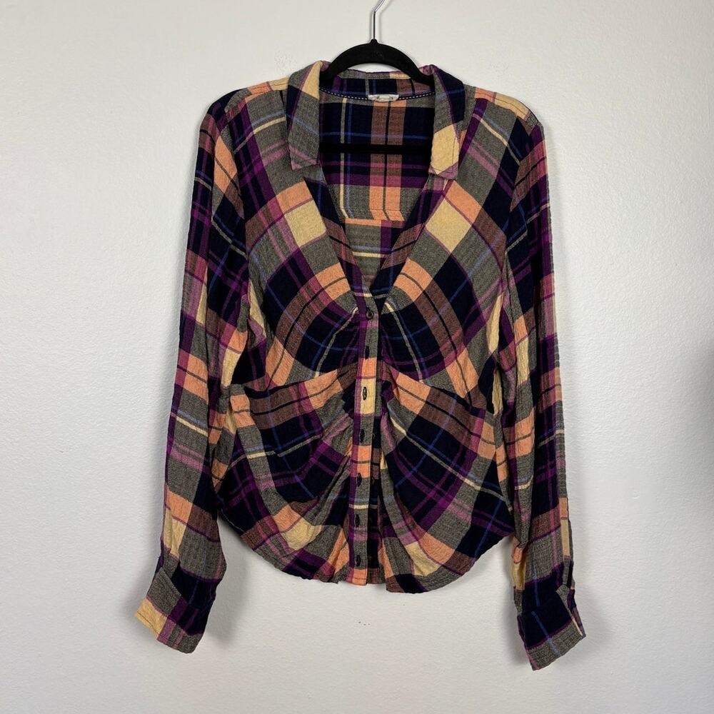 Anthropologie Pilcro Twist Button Front Plaid Blouse Large